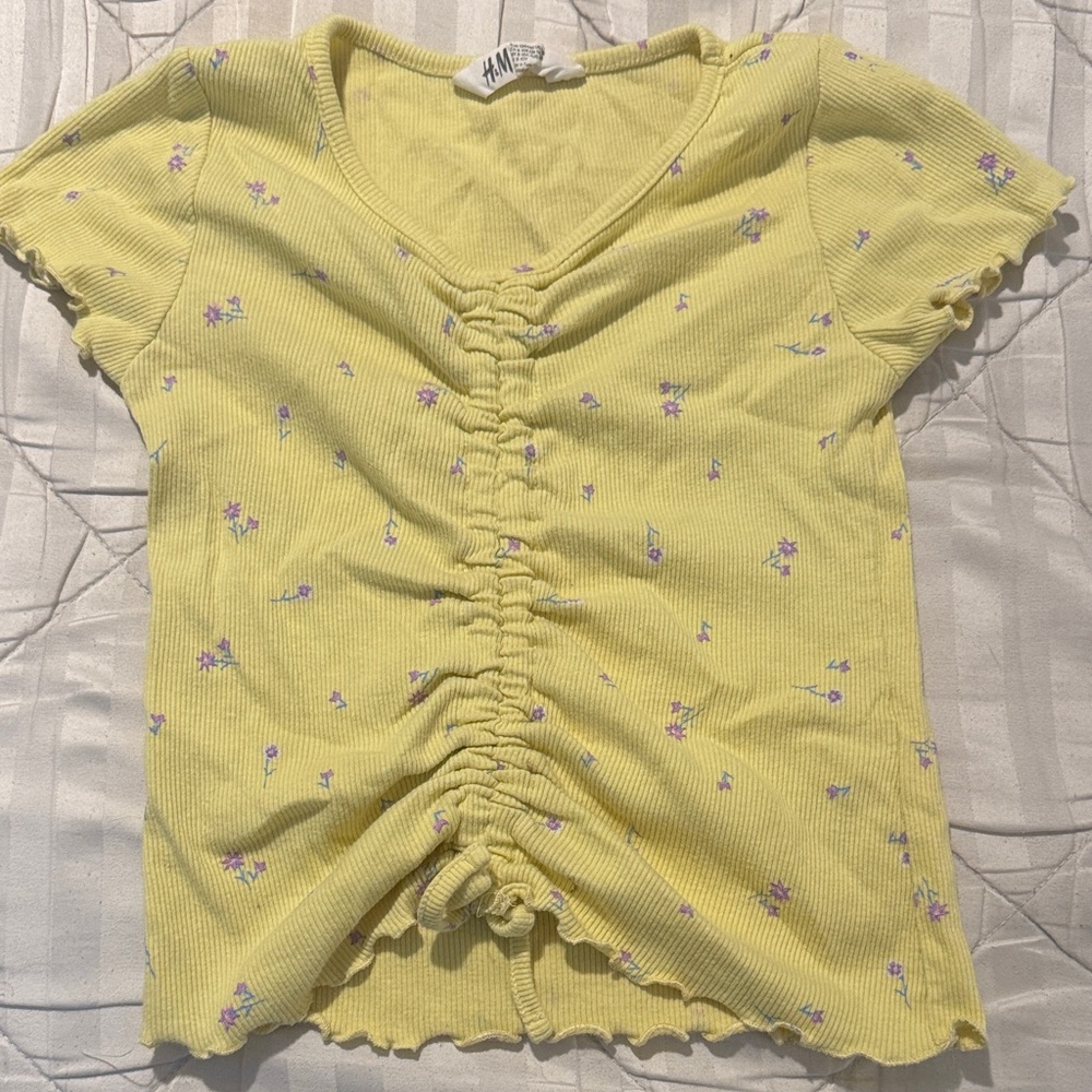 H&M Light Yellow Floral Gathered Tee